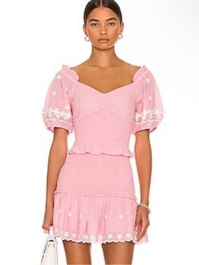 LoveShackFancy Pink Jarrah Mini Dress with Puff Sleeves